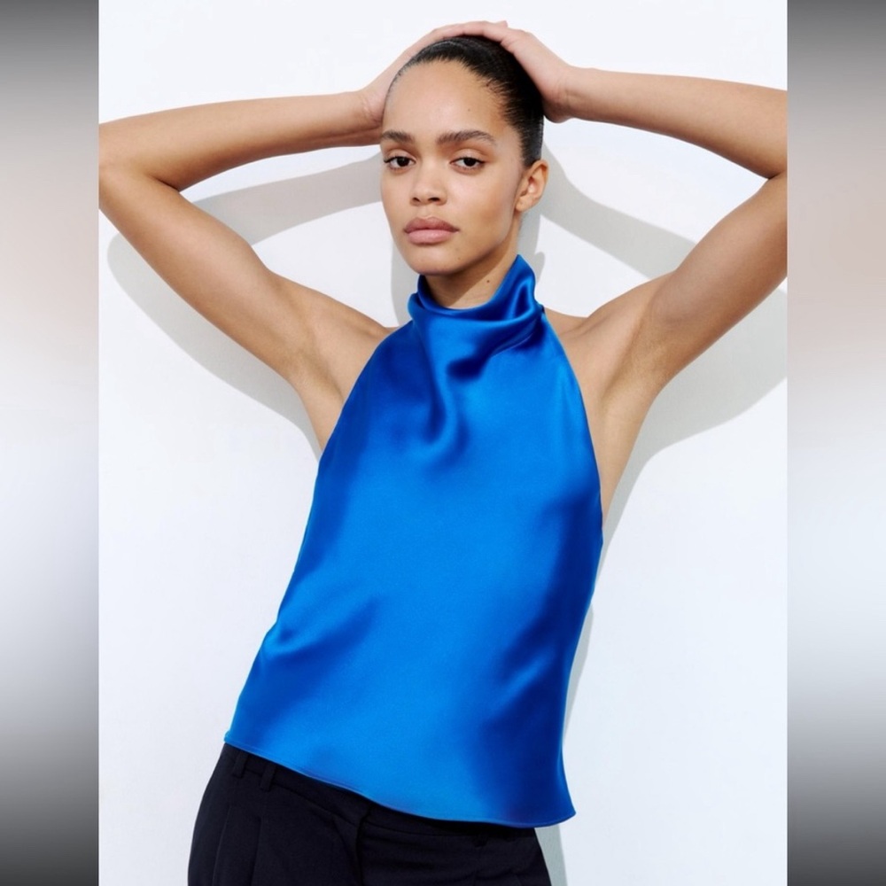 Brilliant, blue mock neck, backless tank (Zara)